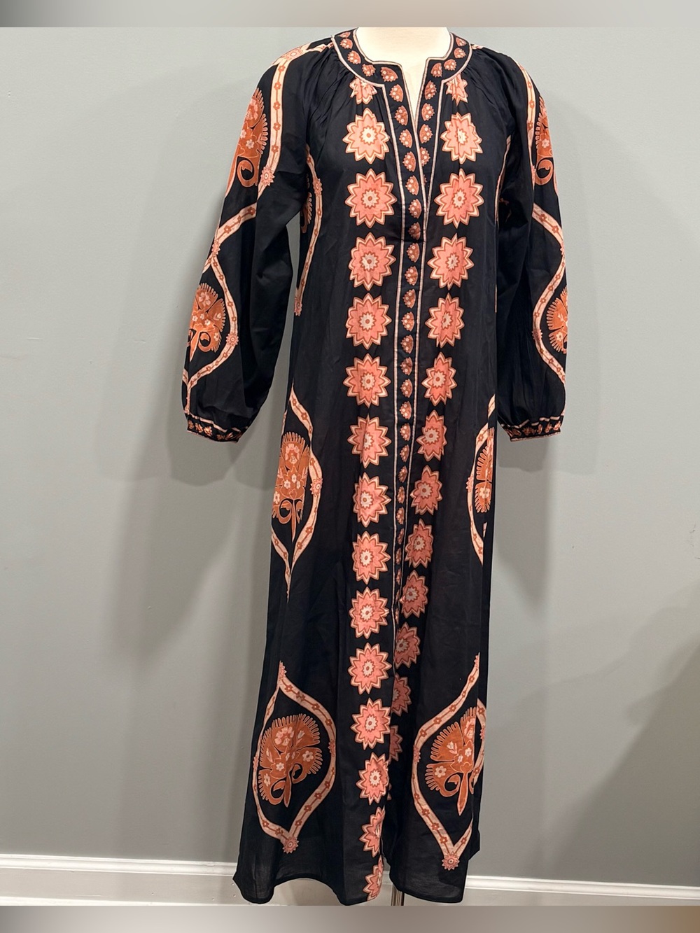 Bindu Cora India Block Print Cotton Maxi Dress Black Pink Floral Boho Size XS